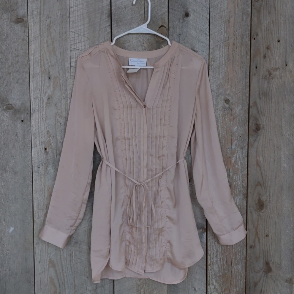 Jessica Simpson tan pintuck crochet silk b…